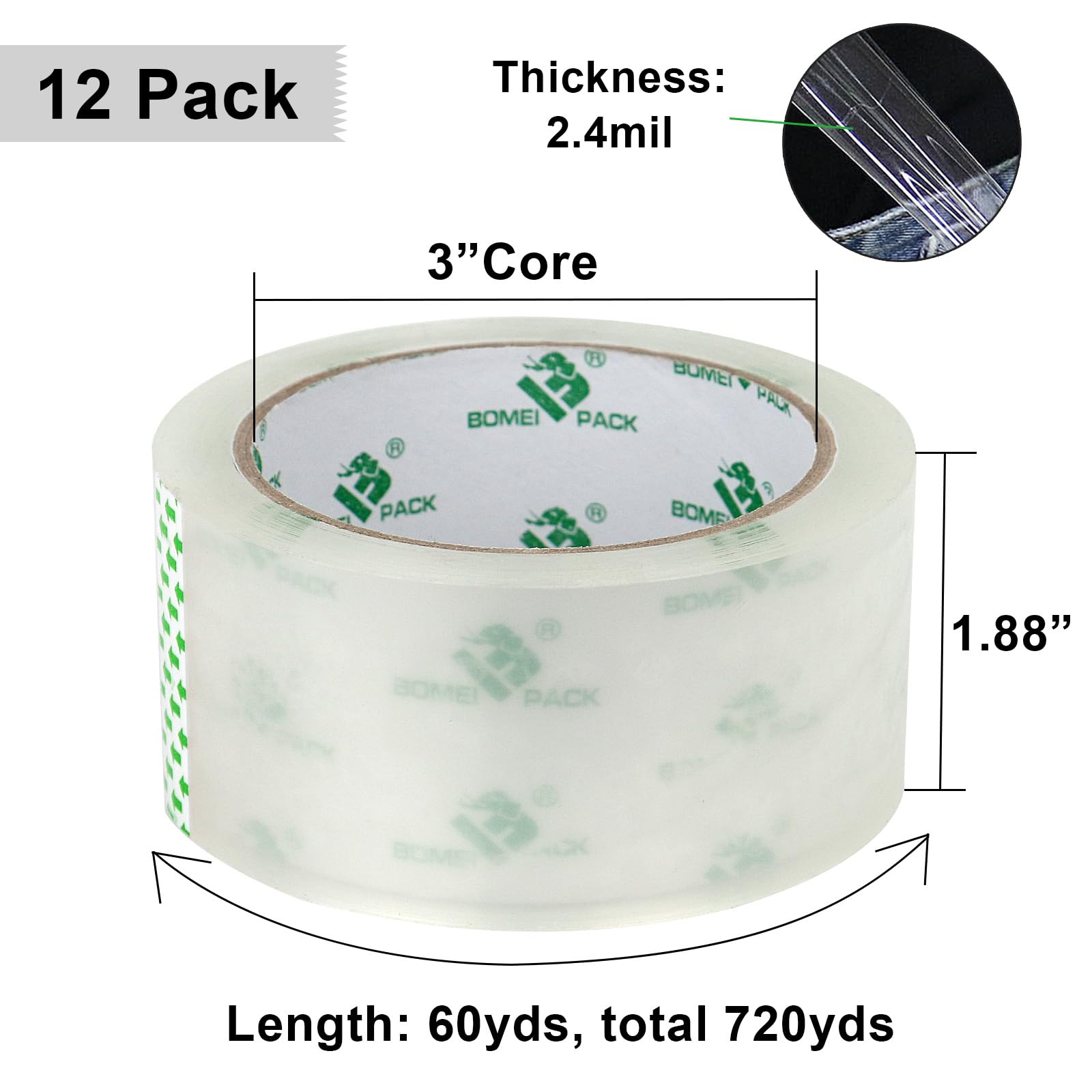 BOMEI PACK Clear Packing Tape Carton Sealing Tape, 1.88" x 55m, 12 Roll with Dispenser