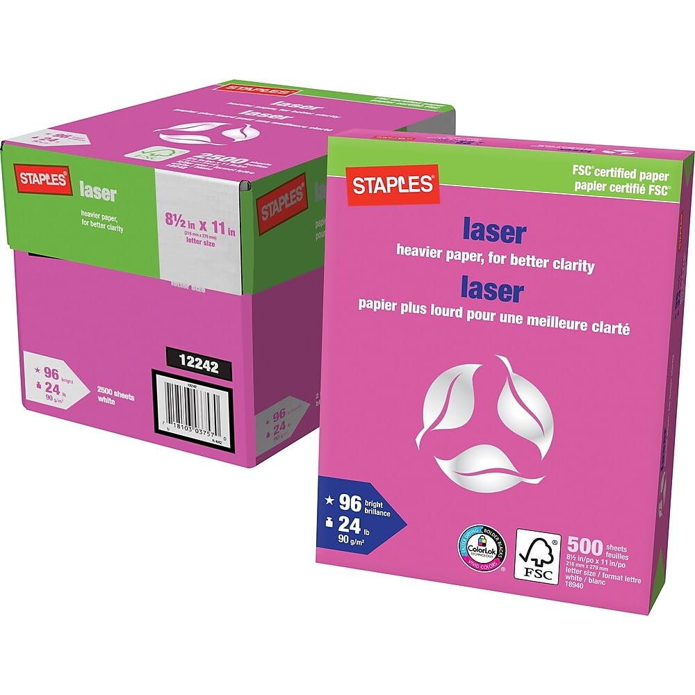 Staples FSC-Certified Laser Paper - 24 lb. - 8.5" x 11" - White - 2500 Sheets