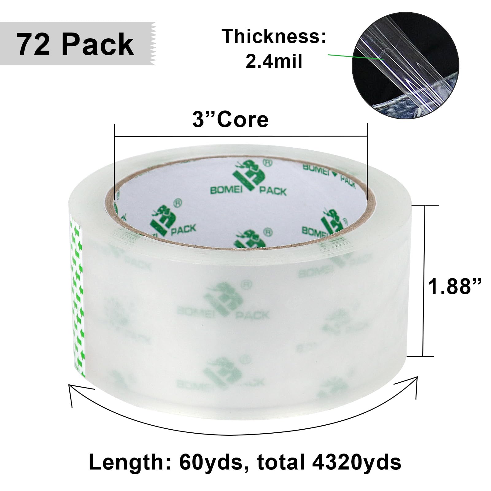 BOMEI PACK Clear Packing Tape Carton Sealing Tape, 1.88" x 55m, 12 Roll with Dispenser