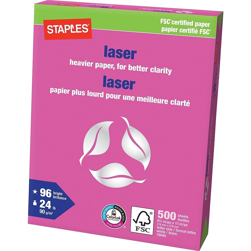 Staples FSC-Certified Laser Paper - 24 lb. - 8.5" x 11" - White - 2500 Sheets
