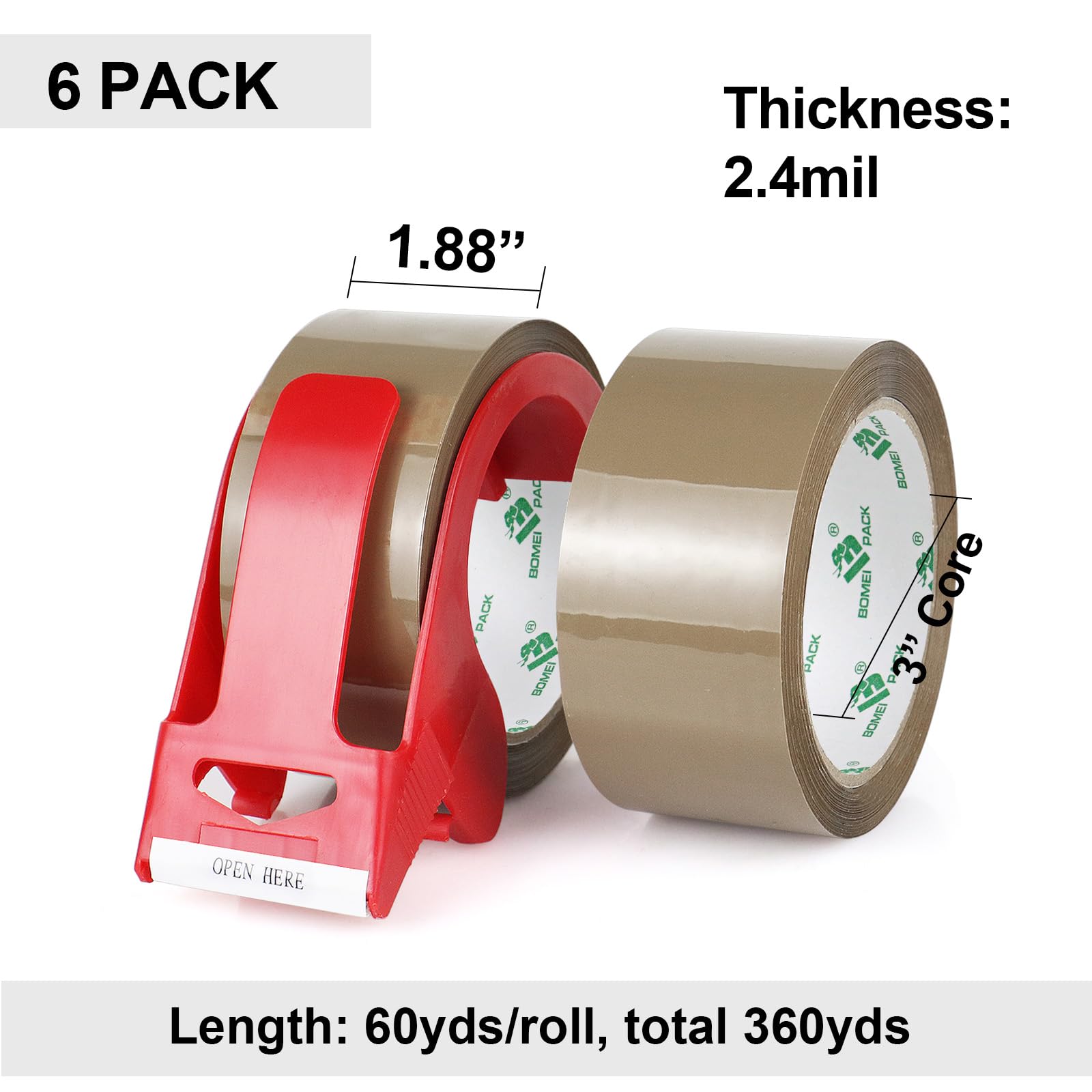 BOMEI PACK Brown Packing Tape with Dispenser, 2.4 Mil 1.88 Inch x 60 Yards, 6 Refills Rolls Packaging Tape for Moving, Shipping and Storage