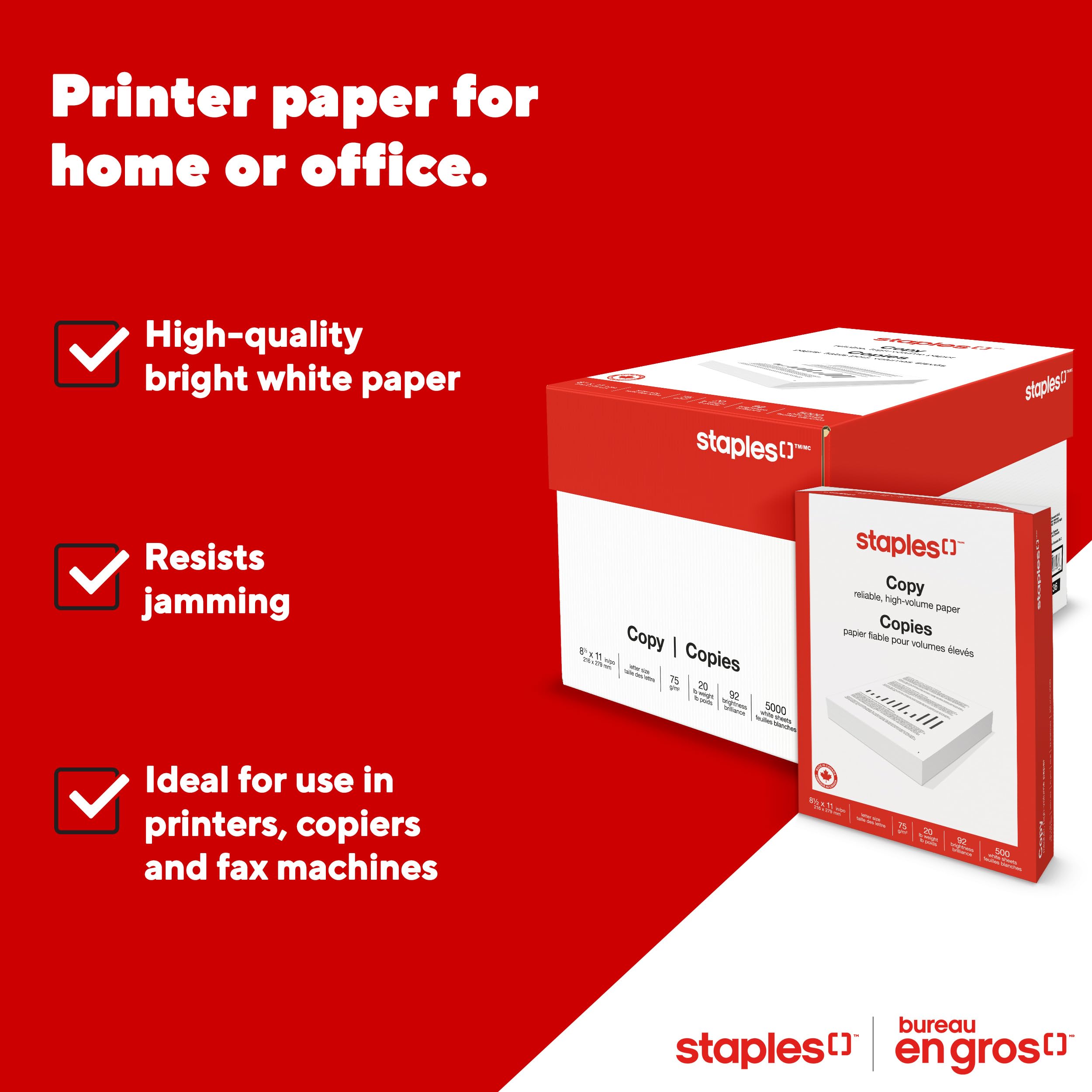 Staples Copy and Printer Paper, 8.5 x 11, 20lb., 10 Reams (5000 Sheets), 92 Bright Paper, White