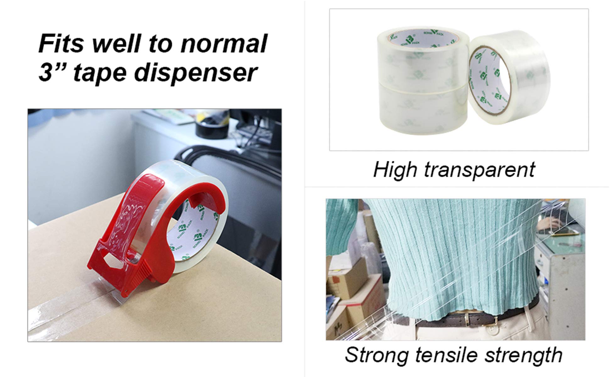 BOMEI PACK Clear Packing Tape Carton Sealing Tape, 1.88" x 55m, 12 Roll with Dispenser