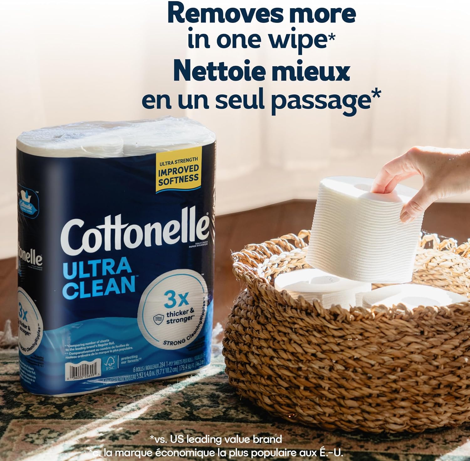 Cottonelle Toilet Paper, 12 Mega Rolls = 48 Regular Rolls, Ultra Clean, Strong Bathroom Tissue, 284 Sheets per Roll, Packaging May Vary
