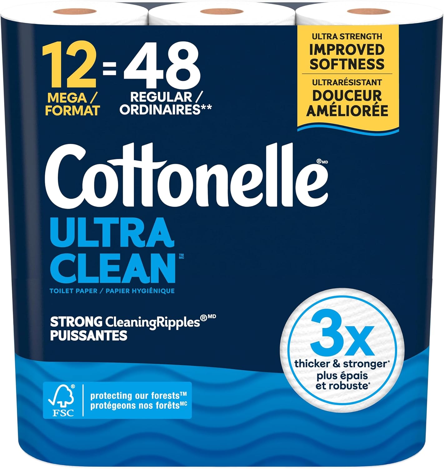 Cottonelle Toilet Paper, 12 Mega Rolls = 48 Regular Rolls, Ultra Clean, Strong Bathroom Tissue, 284 Sheets per Roll, Packaging May Vary