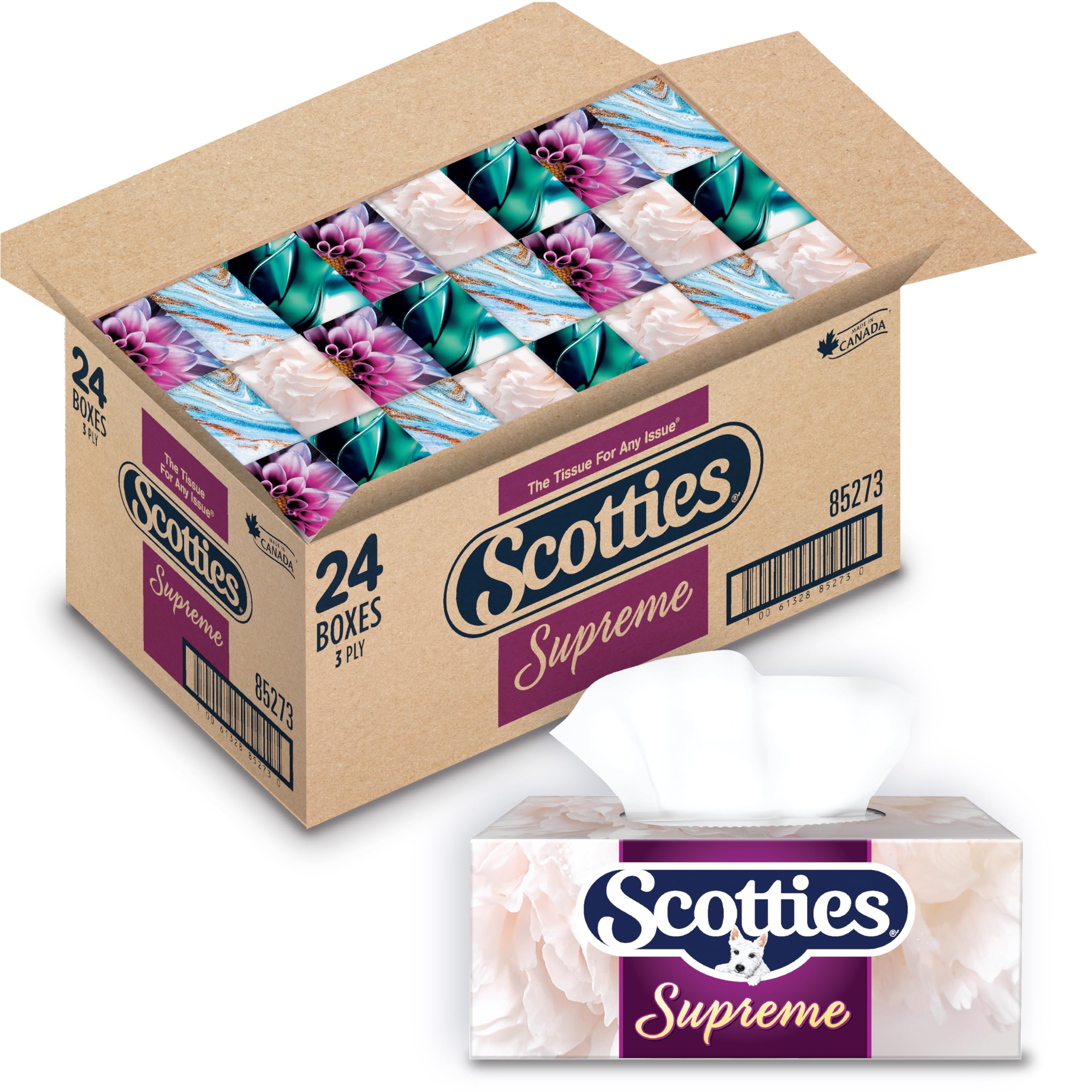 Scotties Supreme 3 Ply Soft & Strong Facial Tissue, Hypoallergenic and Dermatologist Tested, 24 Boxes, 81 Tissues per Box